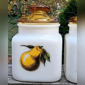 Vtg Jeannette Milk Glass Canister Jar with Amber Glass Lid